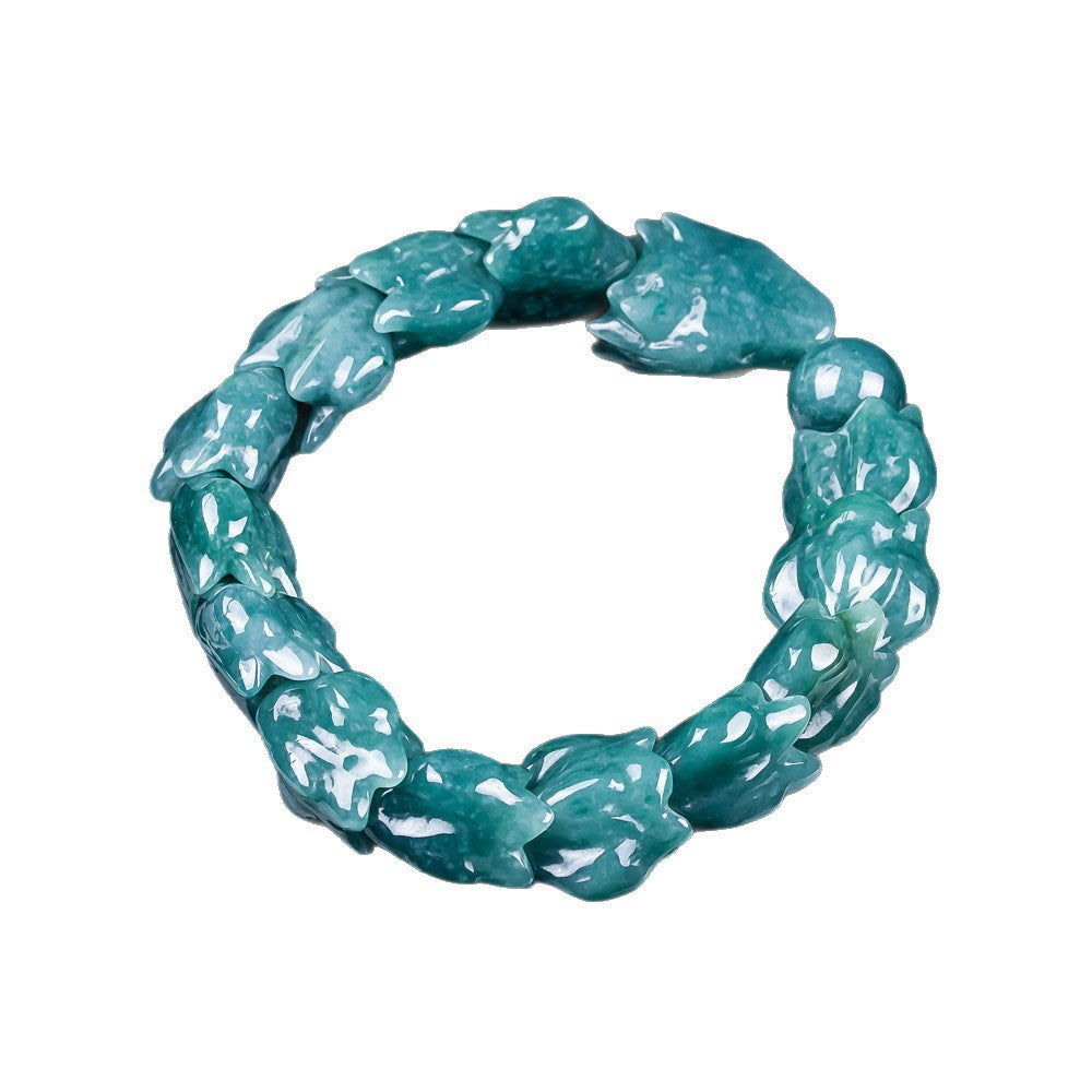 Certified blue water jadeite carved dragon bracelet under studio lighting