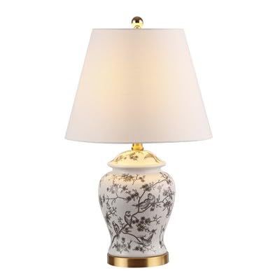 Gray hand-painted chinoiserie porcelain jar table lamp with brass-tone base