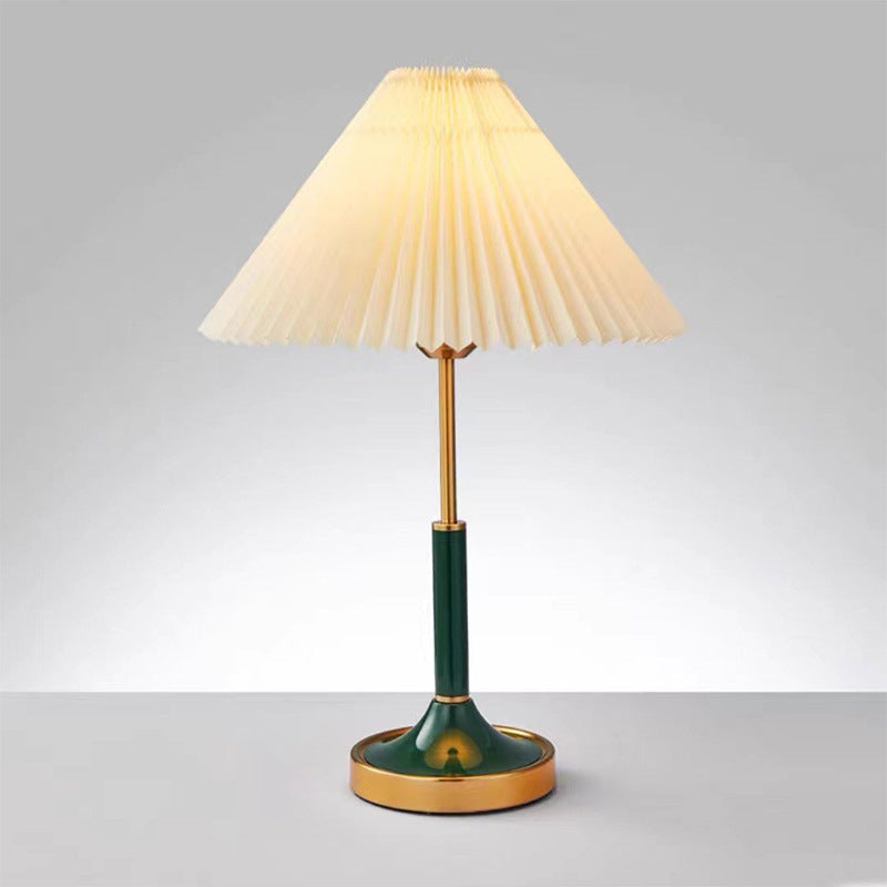 Green Bauhaus table lamp with white pleated shade