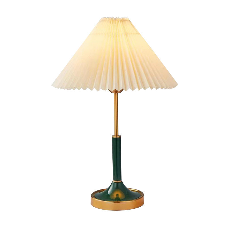 Green brass Bauhaus table lamp with cream pleated shade