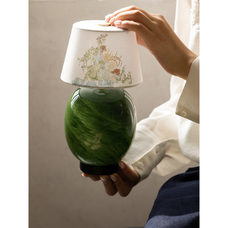 Portable green ceramic rechargeable table lamp with top touch control