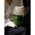 Green ceramic rechargeable touch table lamp with floral fabric shade for New Chinese bedside decor