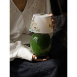 Green Ceramic Rechargeable Touch Table Lamp – 22.5cm New Chinese Floral Bedside Light with 3-Color Ambient Lighting for Bedroom, Tea Room & Study