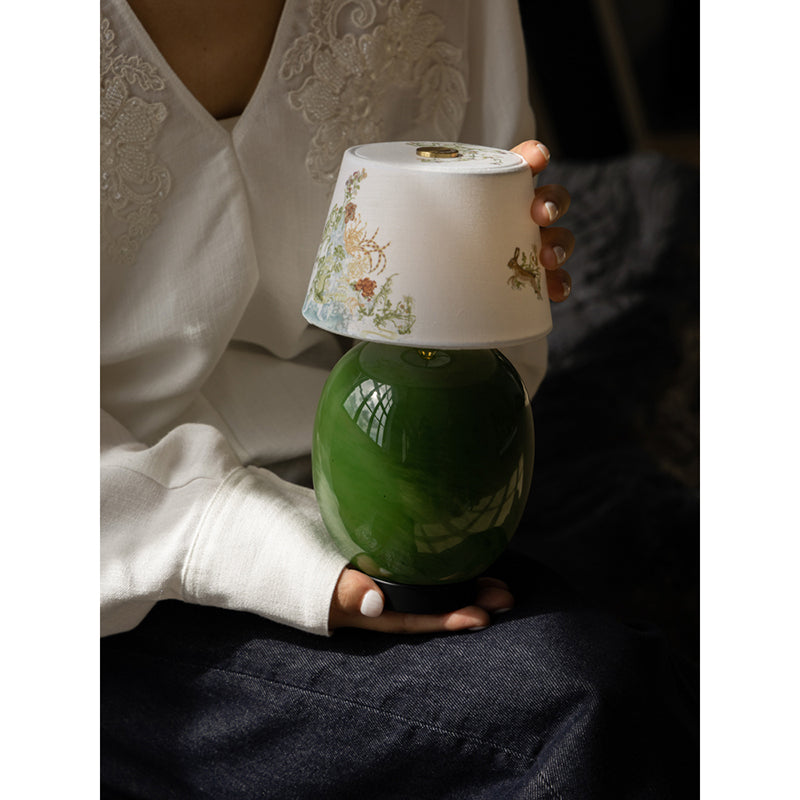 Green ceramic rechargeable touch table lamp with floral fabric shade for New Chinese bedside decor