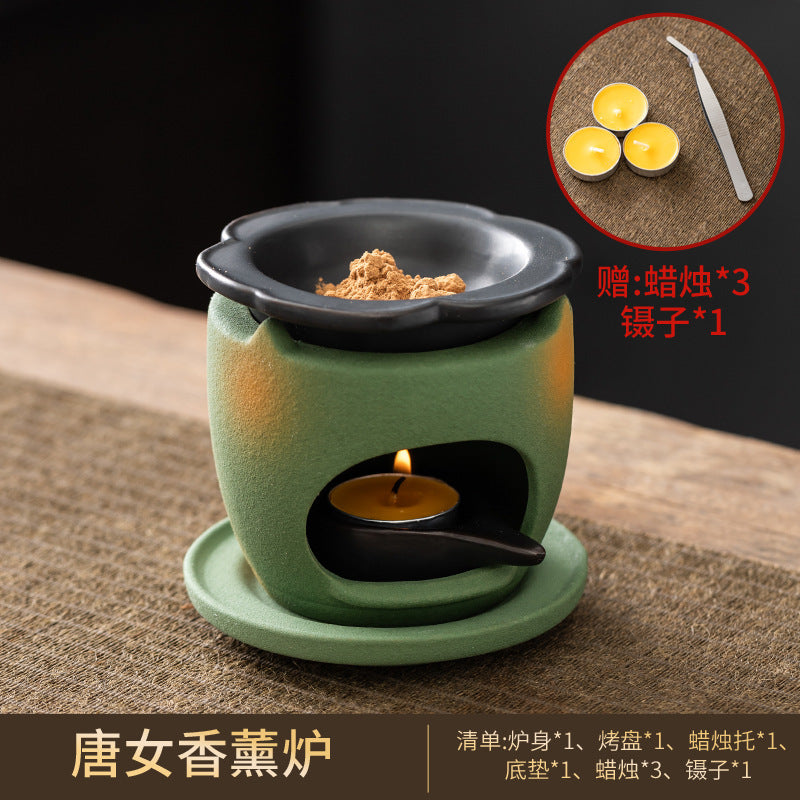 Candle heated sandalwood and incense powder ceramic burner set