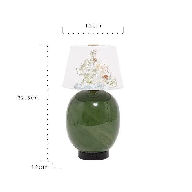 Green ceramic touch lamp measuring approximately 22.5 cm high and 12 cm wide
