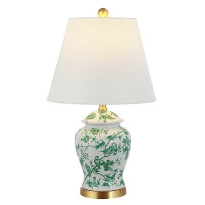 Green hand-painted chinoiserie porcelain jar table lamp with white shade