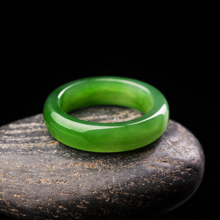 Certified natural green Hetian jade ring in polished Biyu nephrite