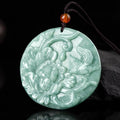 Green carved magpie and peony round pendant with braided cord
