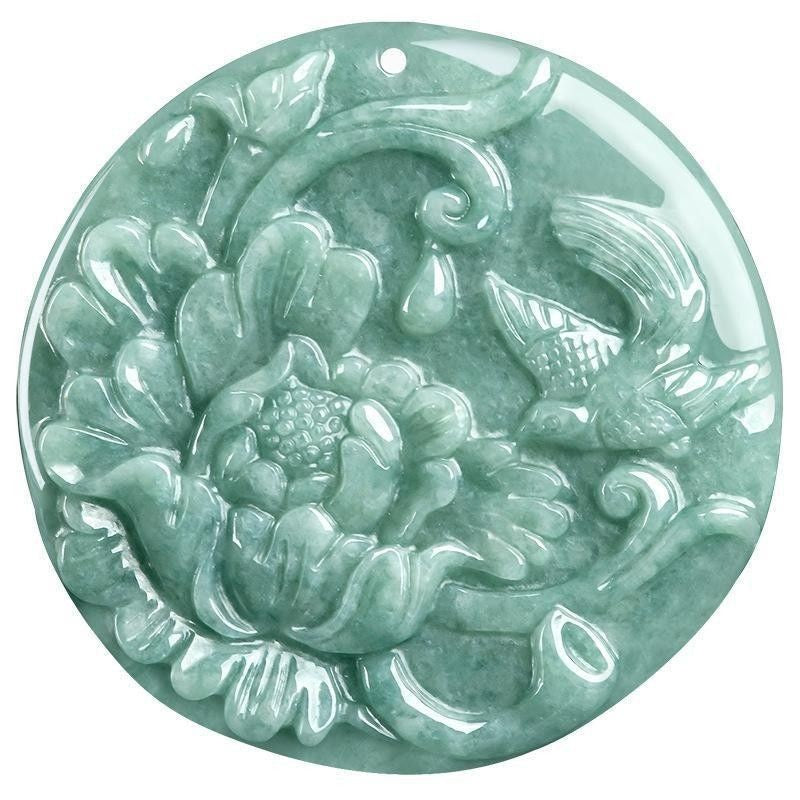 50 mm green round pendant carved with magpie and peony motif
