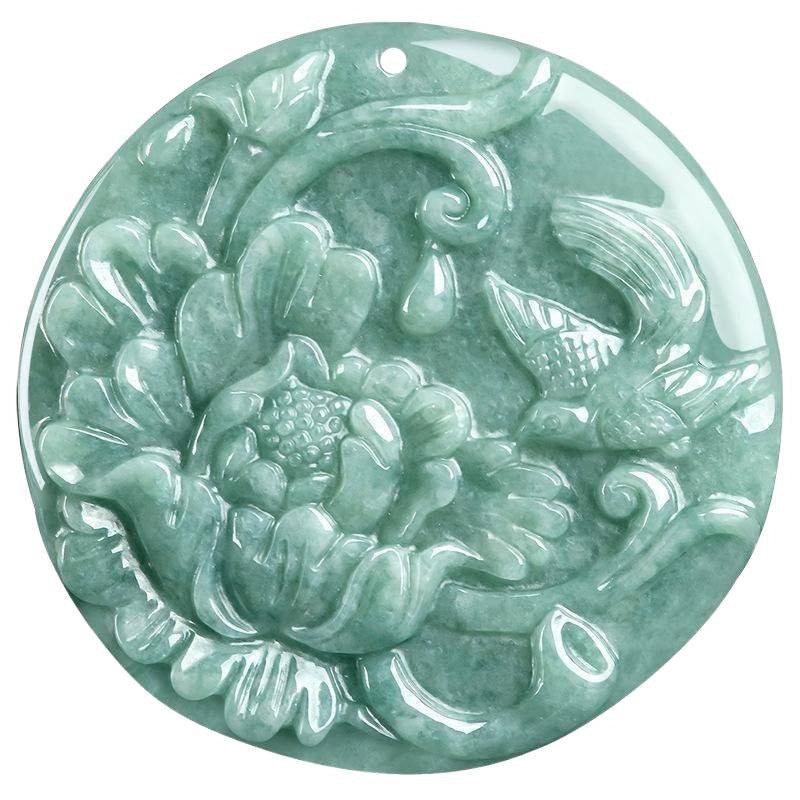 Detailed green carved flower and bird pendant front view