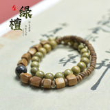 Green Sandalwood-Style Double-Layer Wood Bead Bracelet – 7mm Cube, 8mm Round & 5mm Disc Wenwan Strand with Gray Focal Bead