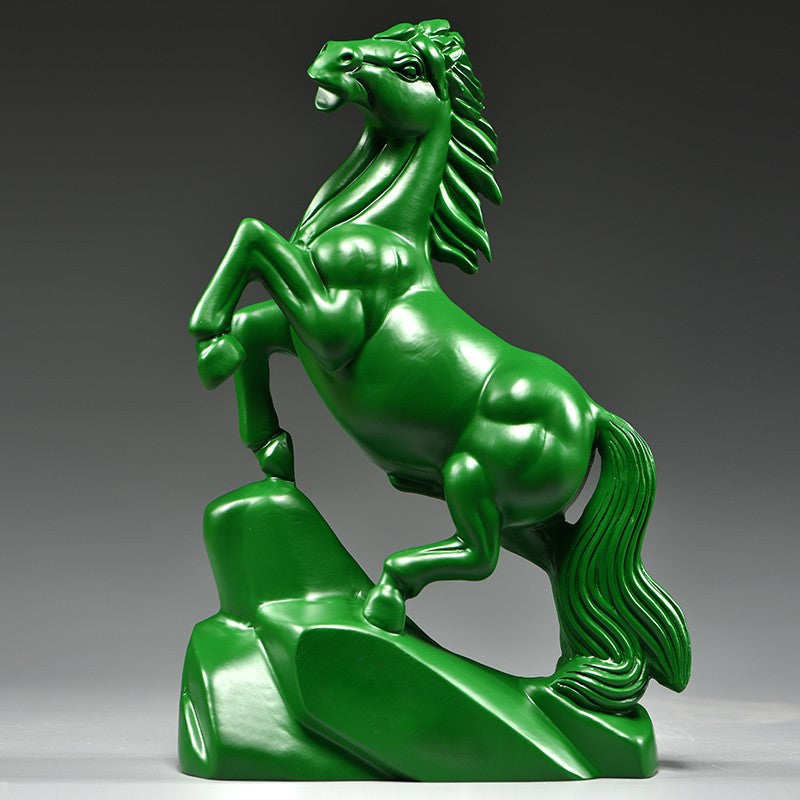 Green solid wood finely carved rearing horse sculpture for office desk study and Chinese home decor