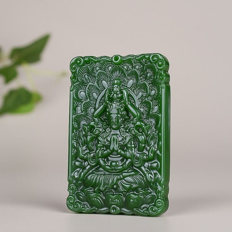 Deep green Thousand-Armed Guanyin relief pendant front view