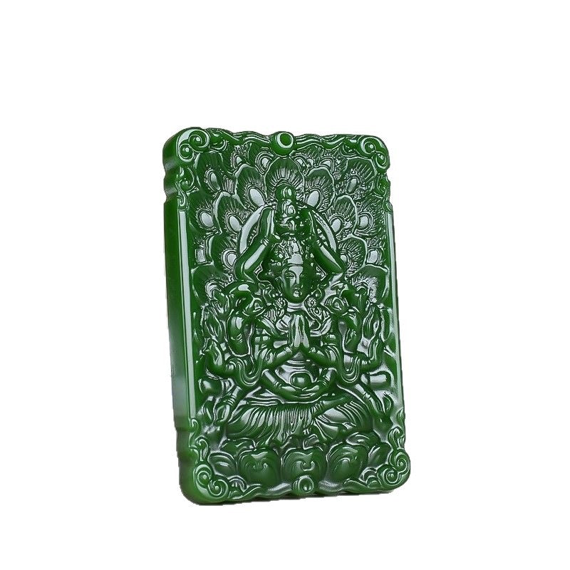 Detailed carved Thousand-Armed Guanyin rectangular pendant