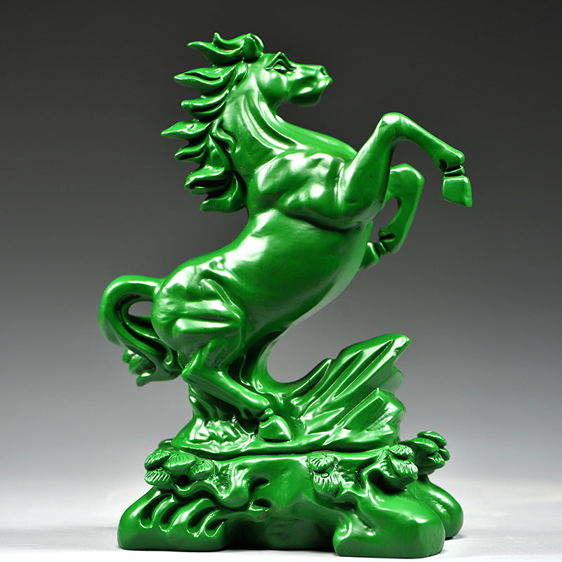 Green wood Ma Dao Cheng Gong rearing horse sculpture for office living room and business opening decor