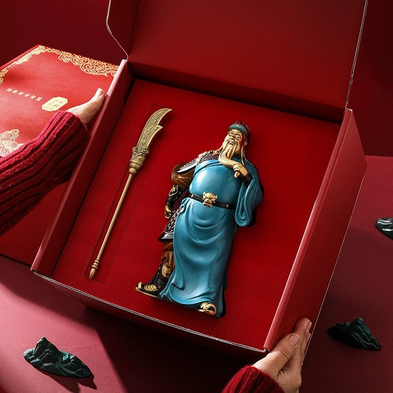 Brass Guan Yu Guan Gong sculpture and guandao presented in red gift box for Chinese cultural gifting