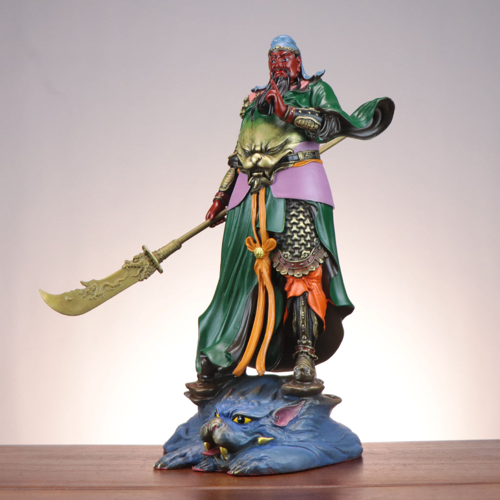 Guan Yu warrior deity copper sculpture angled view on tiger base