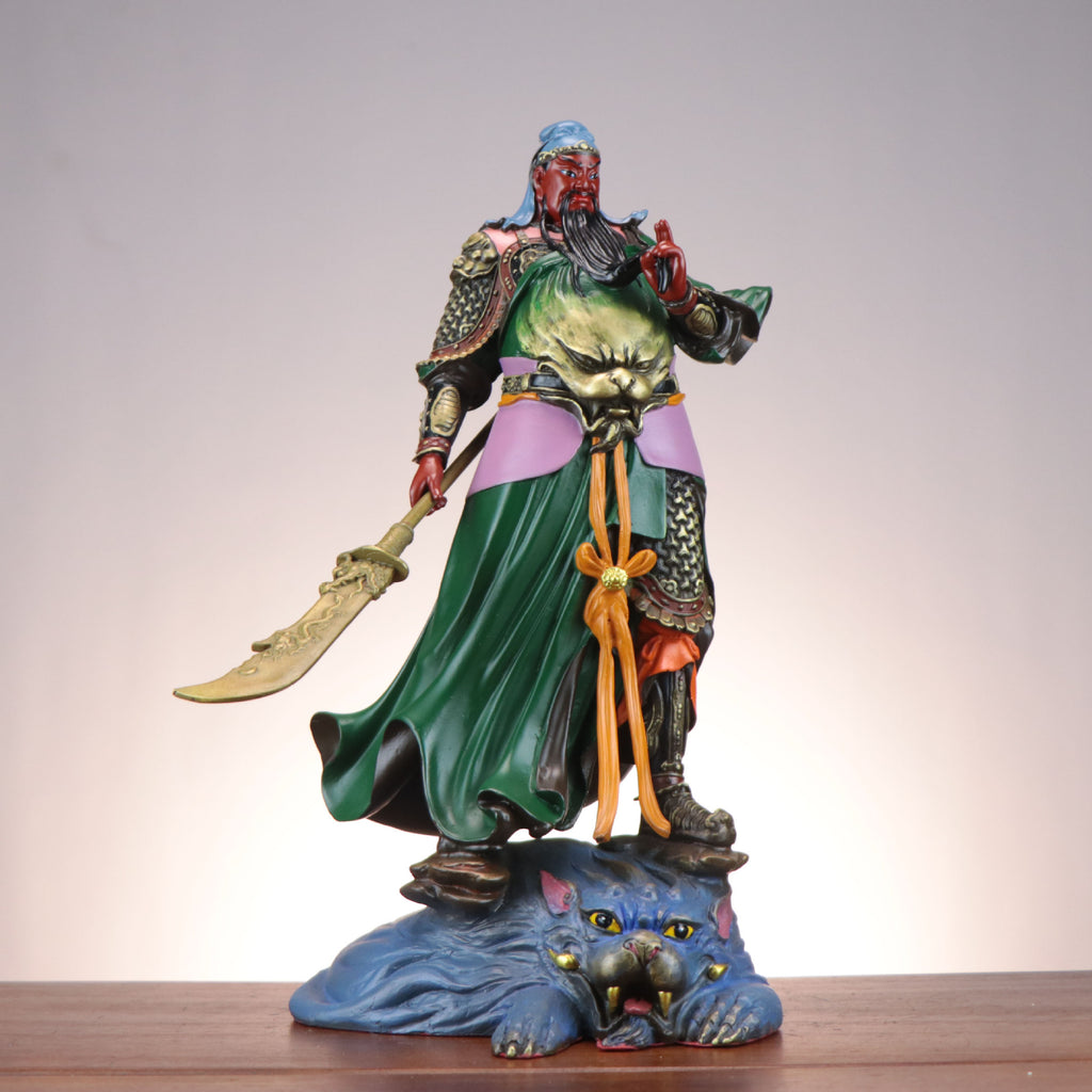 Painted Guan Gong copper sculpture front view with green robe and guandao