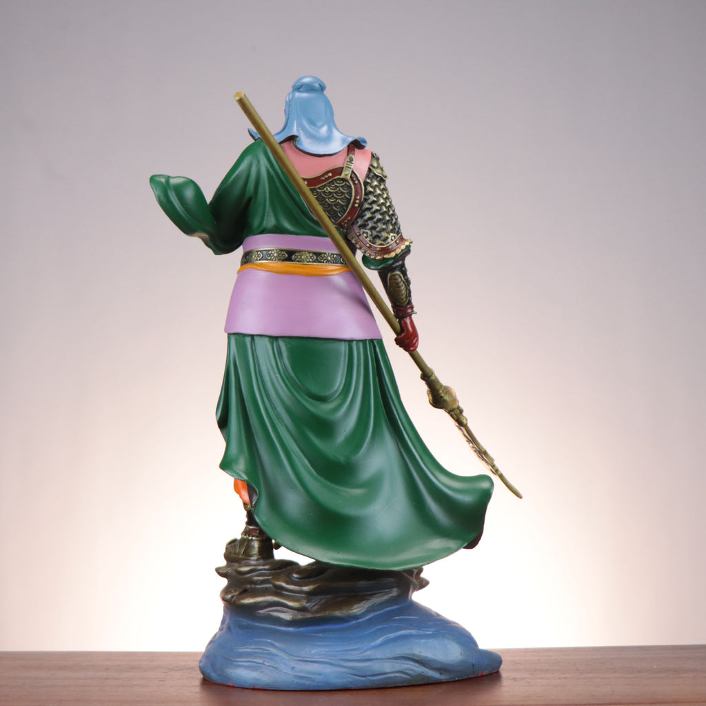 Painted Guan Yu copper sculpture rear view with flowing green robe