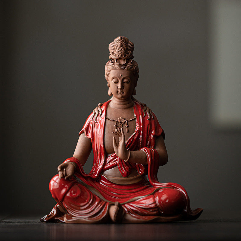 Red robe seated Guanyin ceramic statue