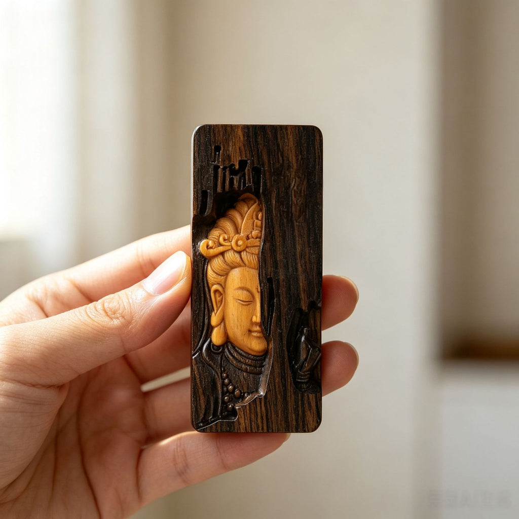Dark carved wood Guanyin head pendant with contrasting light-tone face inlay and Chinese spiritual jewelry styling
