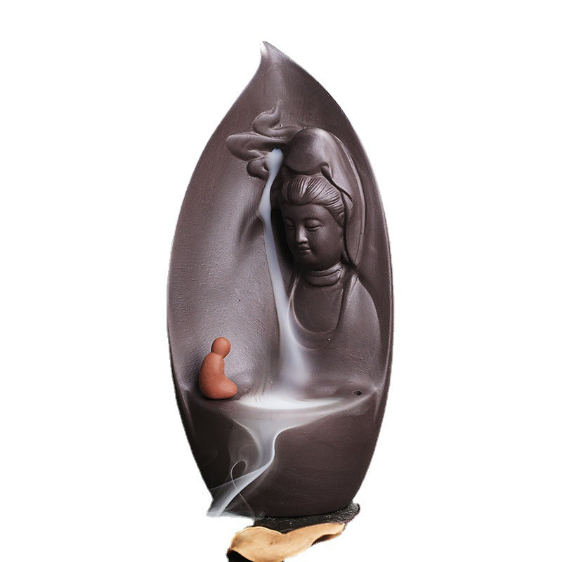 Guanyin leaf-shaped purple clay backflow incense burner with little monk and smoke waterfall