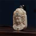 Ivory-tone Guanyin head pendant with ornate crown, red forehead accent and blue decorative detail