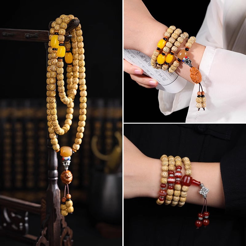 Hainan Xingyue Star Moon Bodhi 108-bead mala and wrist styling examples in golden seed tones