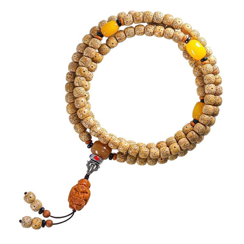 Hainan Xingyue Star Moon Bodhi golden seed 108-bead mala with amber-yellow tone accents and carved charm