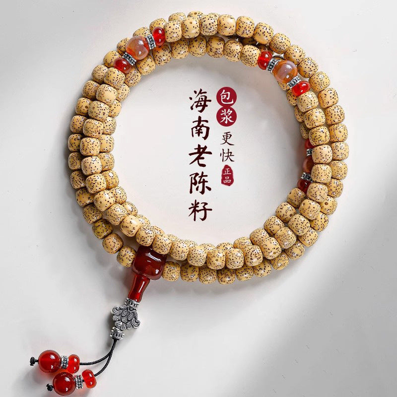 Hainan Xingyue Star Moon Bodhi golden seed long prayer beads with red accent and tassel charm