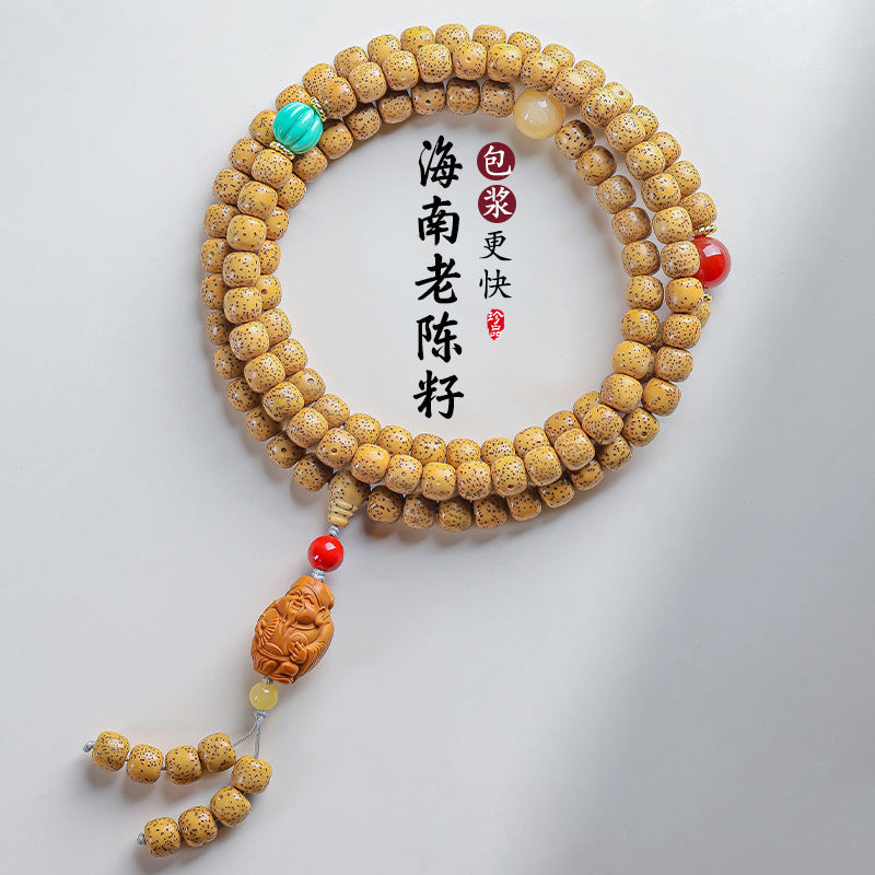 Hainan Xingyue Star Moon Bodhi golden seed 108-bead mala with turquoise-tone red accents and carved charm