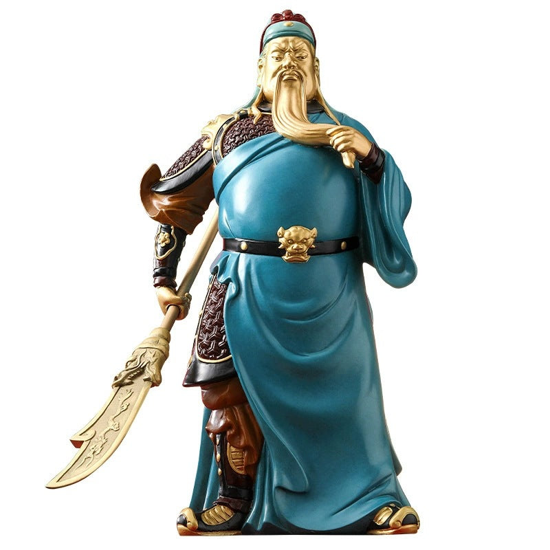 Front view of hand-colored yellow brass Guan Gong Guan Yu martial deity sculpture with blue robe and guandao