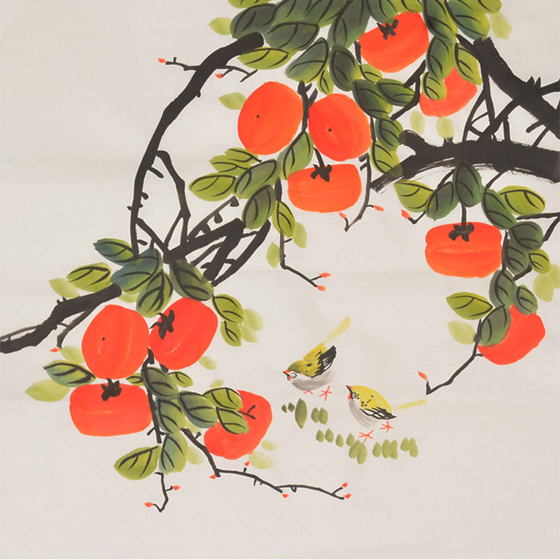 Hand-painted Chinese abundant persimmons and twin yellow birds painting