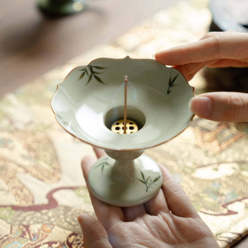 Hand-painted bamboo ceramic incense holder detail view