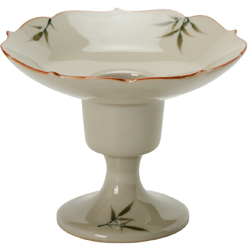 High-stem ceramic incense holder with hand-painted bamboo design
