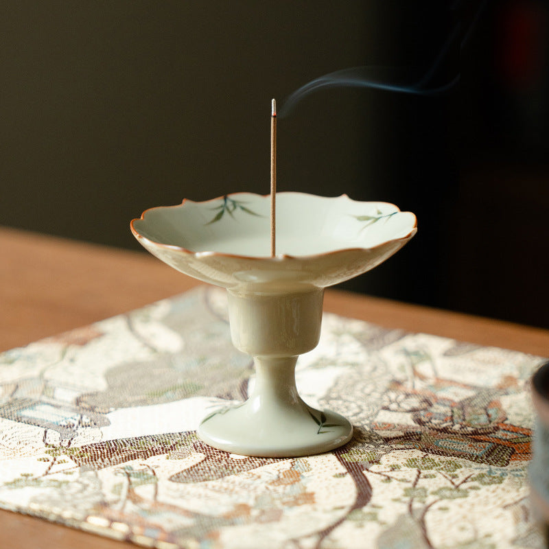 Hand-painted bamboo high-stem ceramic incense holder with burning incense