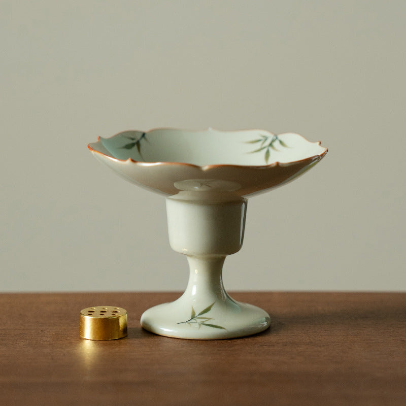 Hand-painted bamboo high-stem ceramic incense holder with brass incense insert