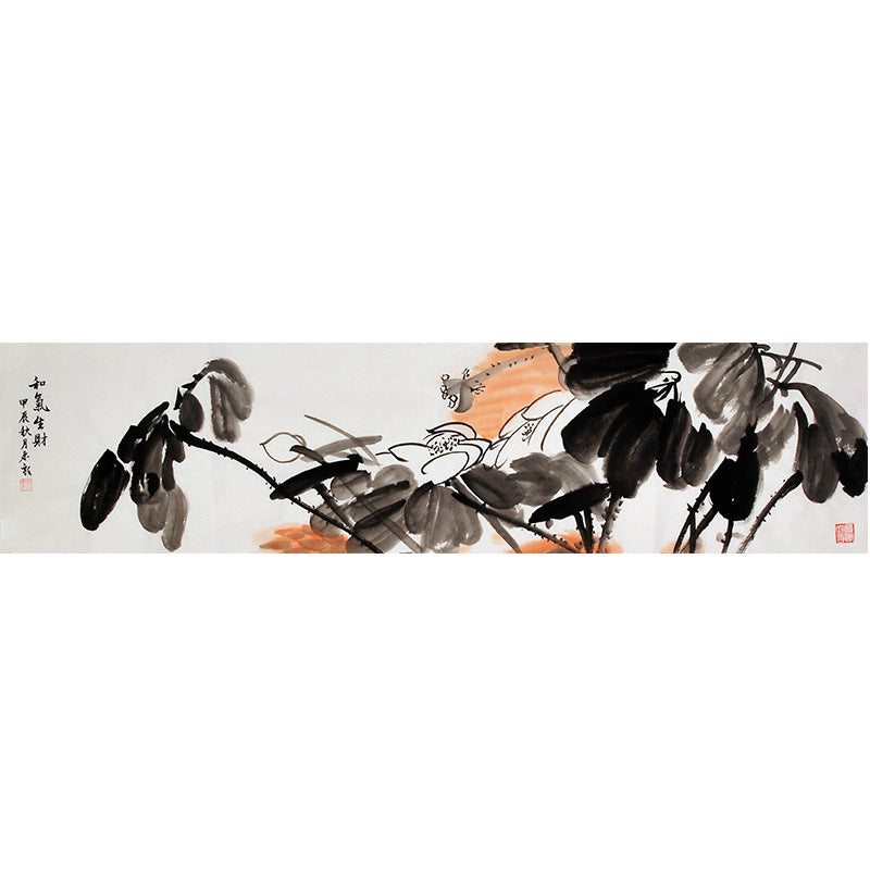 Hand-painted Chinese black ink lotus painting with warm orange wash, horizontal xieyi wall art