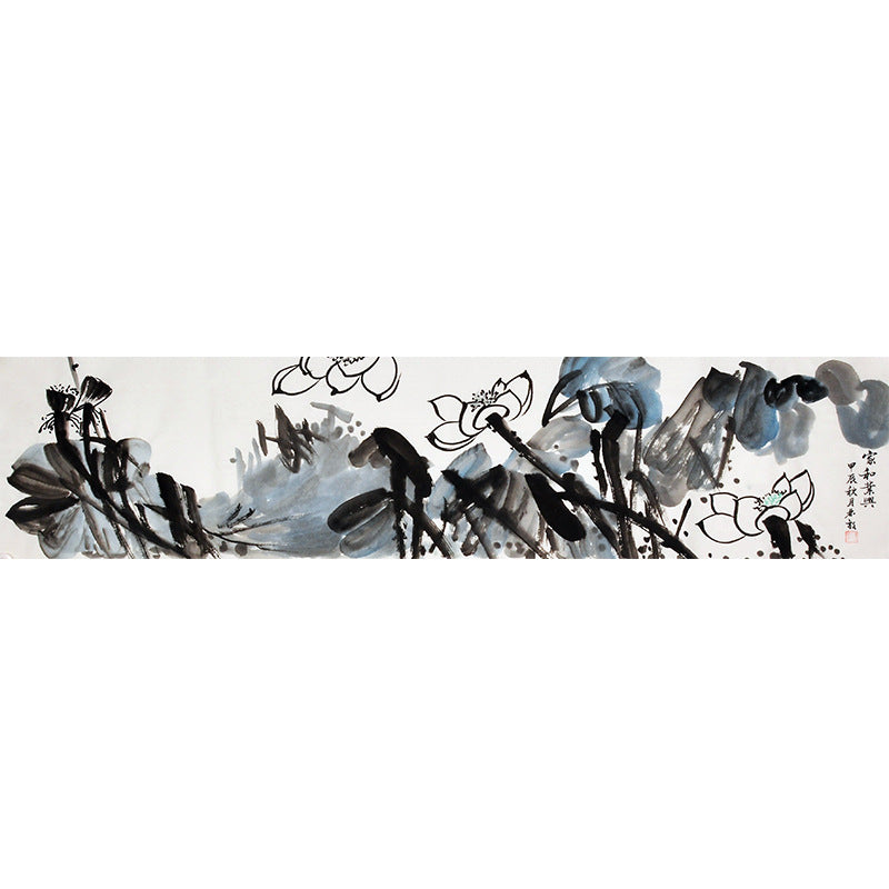Hand-painted Chinese blue-grey expressive lotus painting, horizontal ink wash flower wall art