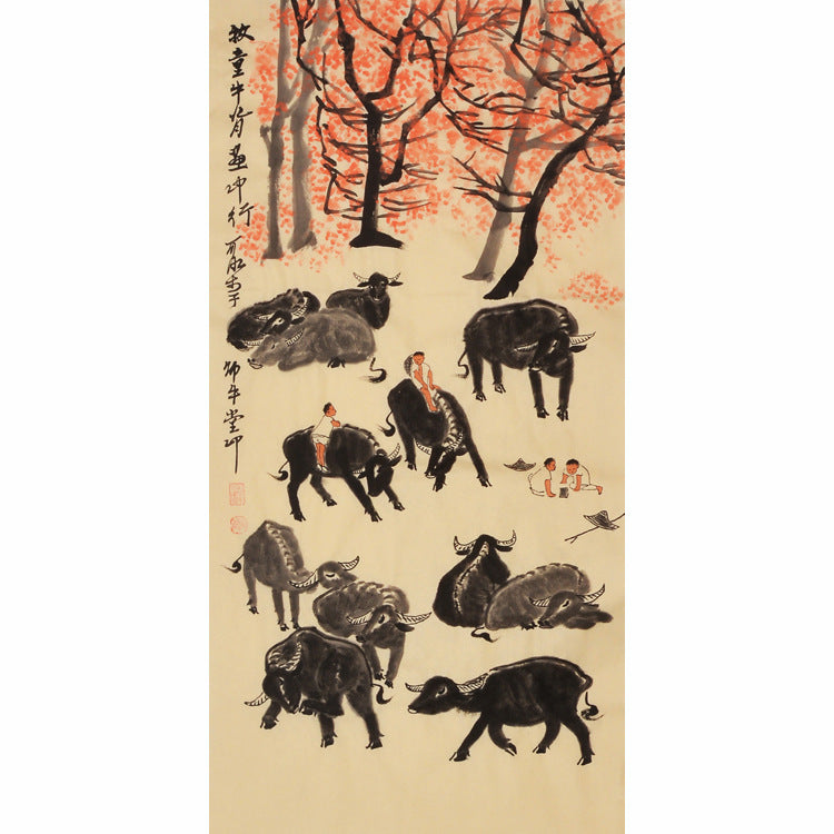 Hand-painted Chinese oxen painting with water buffalo and herdboys beneath an orange autumn grove, pastoral cattle art