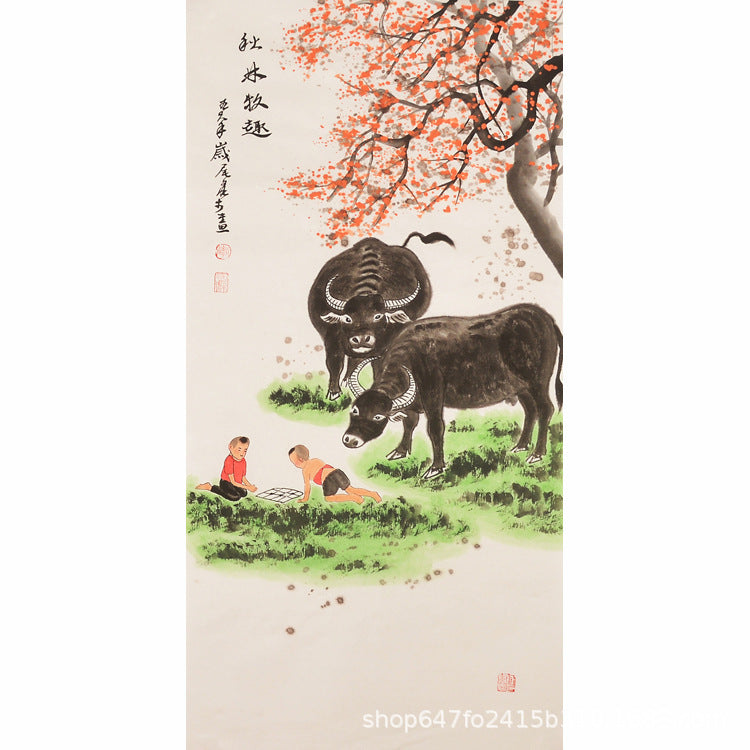 Hand-painted Chinese autumn pastoral painting with two children playing beside twin water buffalo beneath orange foliage