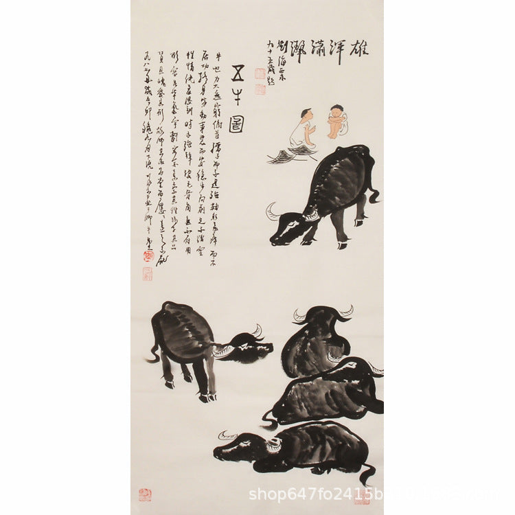 Hand-painted Chinese Five Oxen study with black water buffalo, herdboy figures and calligraphy, traditional Wu Niu Tu 五牛圖 wall art