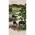 Hand-painted Chinese Five Oxen painting with water buffalo beside mountain lake, pine and peach blossoms, Wu Niu Tu 五牛圖 pastoral art