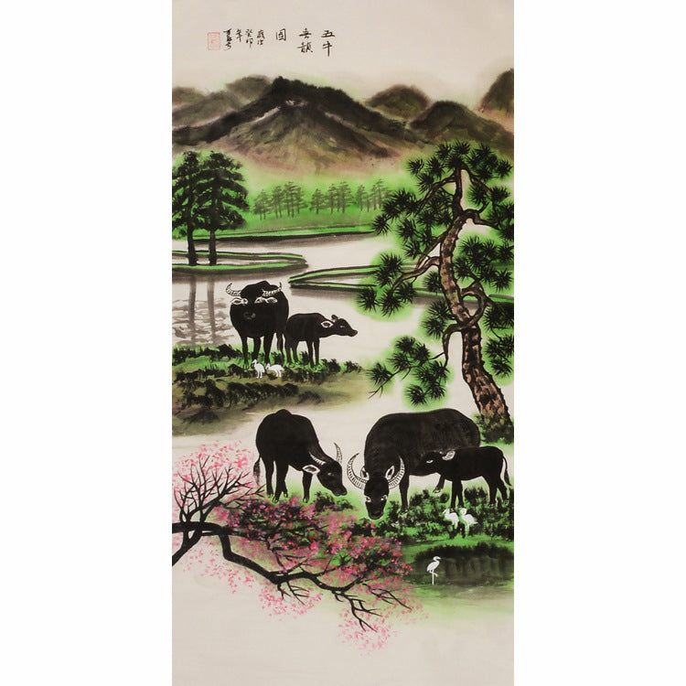 Hand-painted Chinese Five Oxen painting with water buffalo beside mountain lake, pine and peach blossoms, Wu Niu Tu 五牛圖 pastoral art