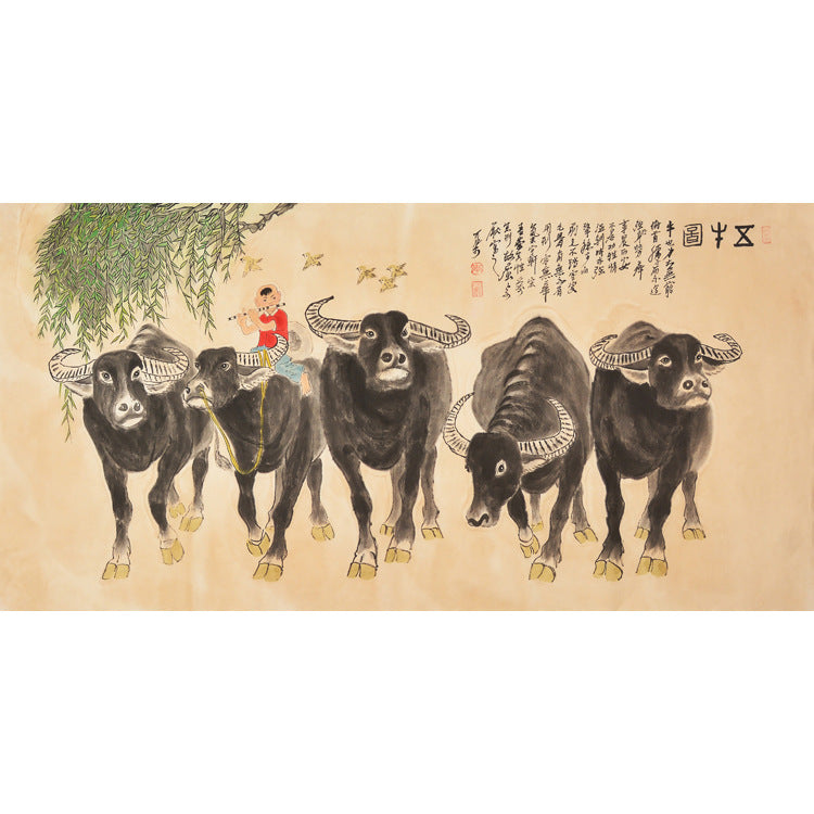 Hand-painted Chinese Five Oxen painting with five water buffalo in a row and herdboy beneath willow, horizontal pastoral wall art