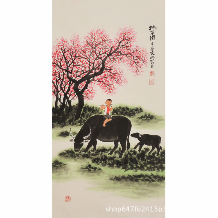 Hand-painted Chinese herdboy riding an ox with calf beneath a red blossom tree, pastoral water buffalo painting