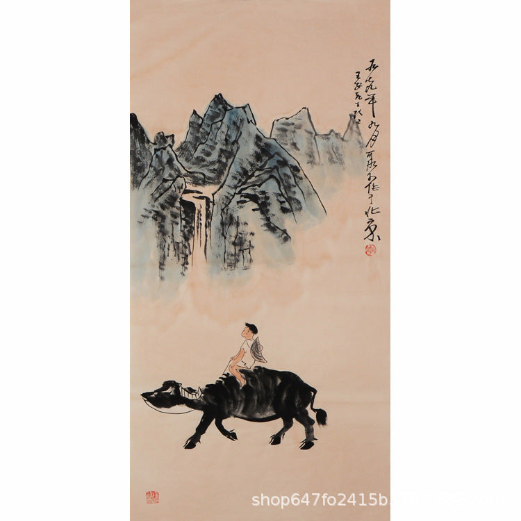Hand-painted Chinese herdboy riding a black water buffalo beneath misty mountain peaks, traditional pastoral ox painting