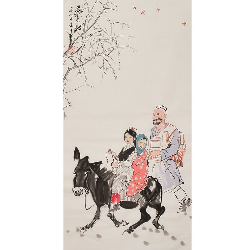 Hand-painted Chinese ink figure painting with family riding donkey, Huang Zhou inspired art