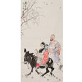 Hand-painted Chinese ink figure painting with family riding donkey, Huang Zhou inspired art